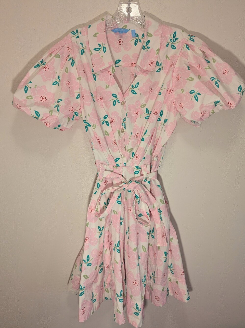 Draper James RSVP Puff Sleeve Shirt Dress, Ivory Pink Floral (SIZE LARGE)